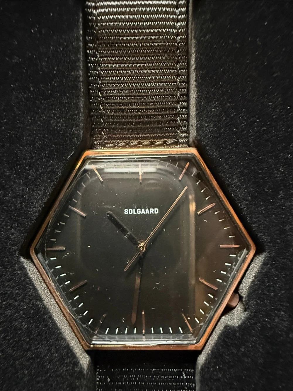 Solgaard Hexagonal Rose Gold Dial Watch with Black Nylon Strap.